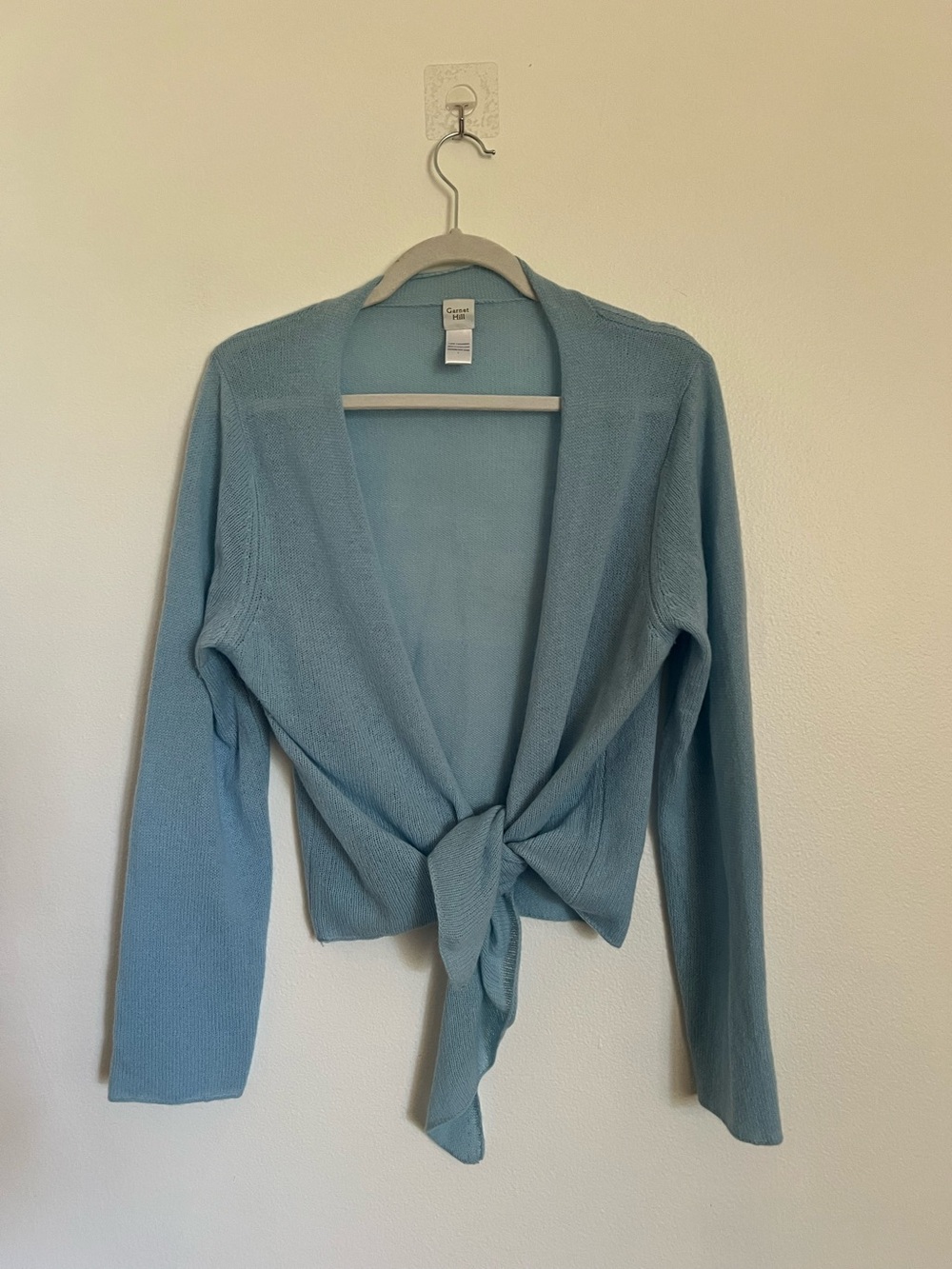 Cashmere Size L Garnet Hill Pale Blue Tie-Front Cardigan, very light, delicate